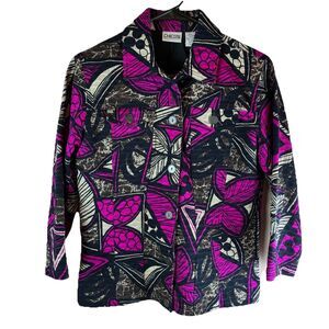 Chicos Women’s Fuschia Black Geometric Design Button Front Jacket Size 0 US 4